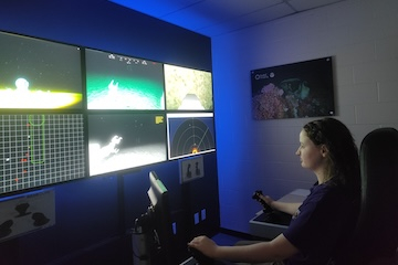 Ellen Leier working at a six-screen panel.