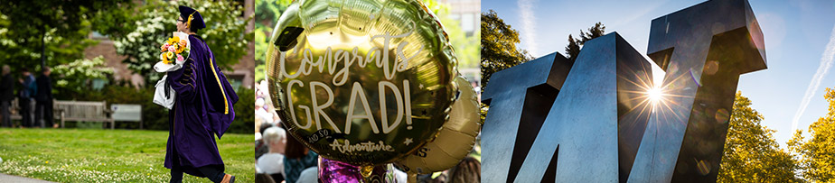 Image collage of student wearing cap and gown, celebratory congratulations balloons and the W sculpture