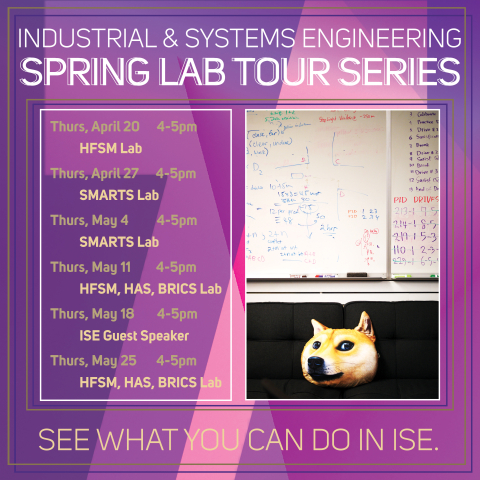 A calendar of the lab tour, showing the dates listed above in the text of the article. Next to the calendar is a photo from the HFSM lab, featuring a whiteboard covered in math formulas and a pillow in the shape of a dog.