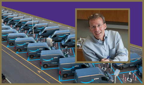 a portrait of Tim Jacobs overlaying an image of a row of amazon delivery vehicles